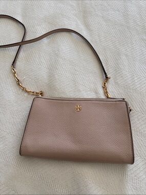 Tory Burch Blush Taupe Pebbled Leather Crossbody with Gold Trim